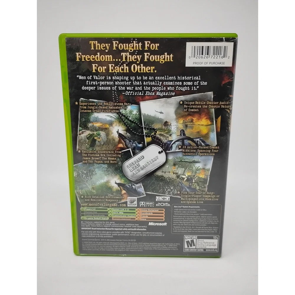 Men of Valor Microsoft Xbox FPS Vietnam War Tactical Shooter Action Game Disc